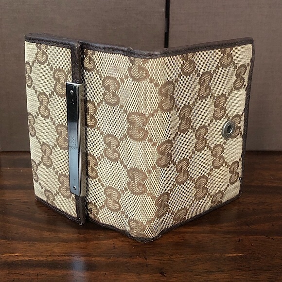 GUCCI GG Web Brown Leather and Tan Canvas Monogram Trifold Wallet Authentic - Picture 8 of 17